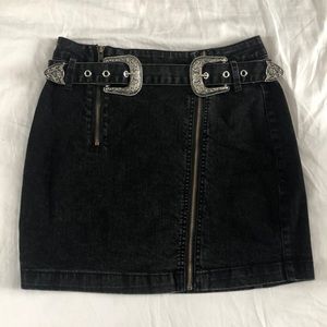 Distressed black denim asymmetric zipper skirt